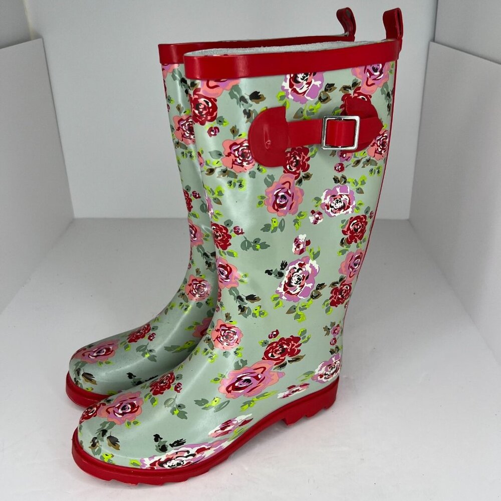 Womens Green Waterproof Garden Strap Floral Mid Calf Slip On Size 6 Rain Boots - Picture 1 of 9